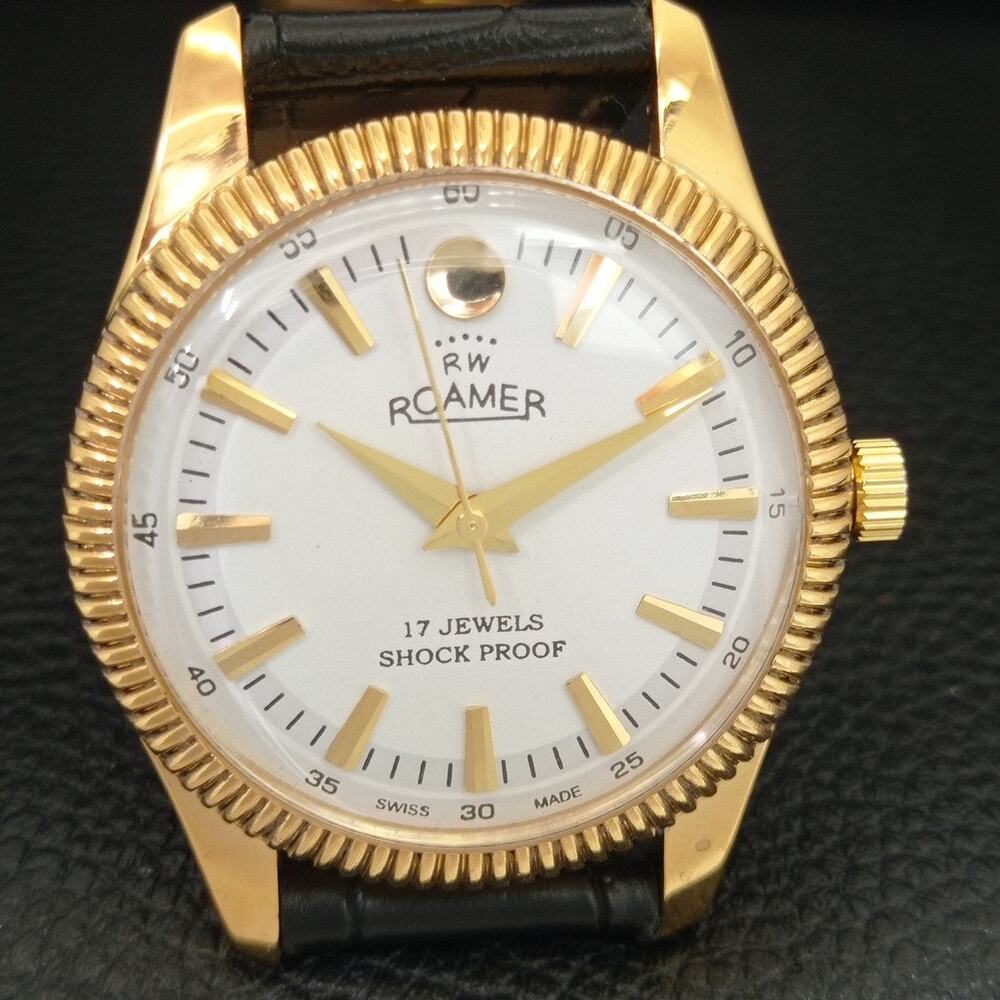 Vintage 1976 Roamer Manual Mens Gold Watch W/Leather Strap & White accents - Picture 4 of 9
